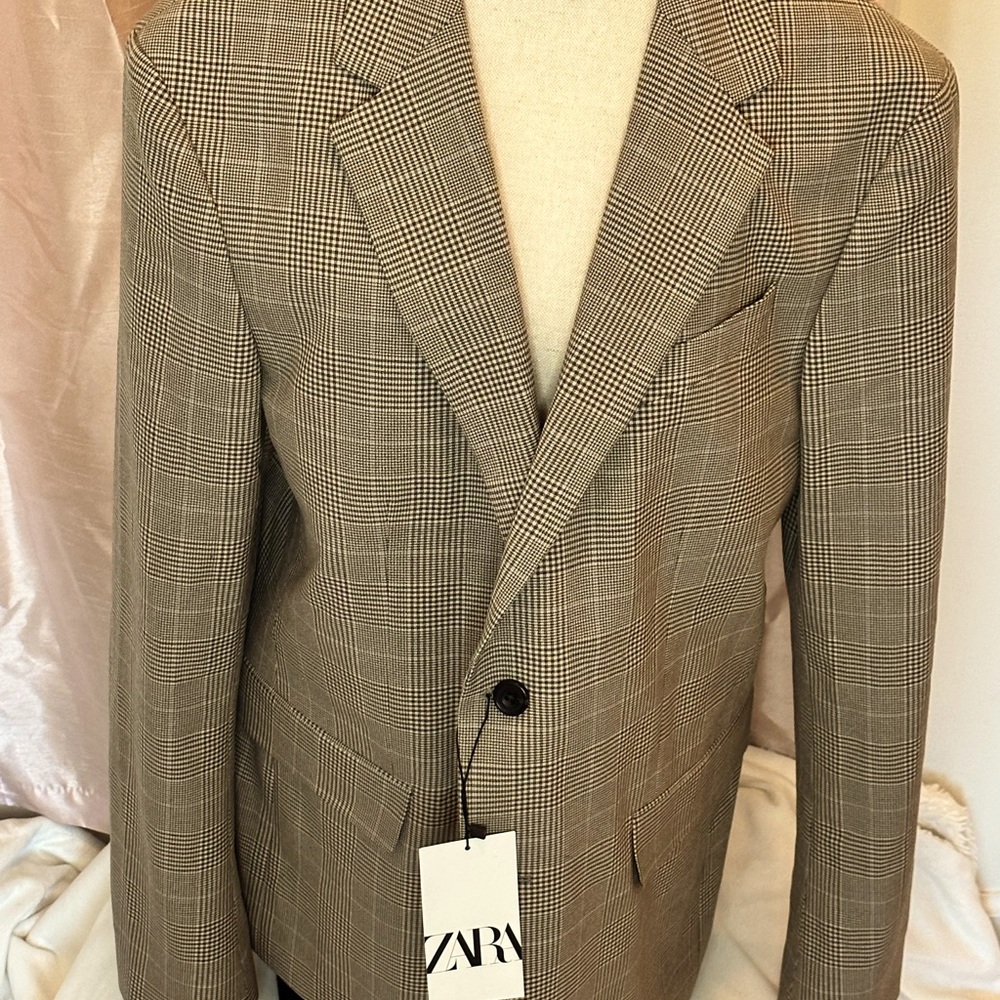 NWT Zara Men’s Blazer Brown Plaid Size 42